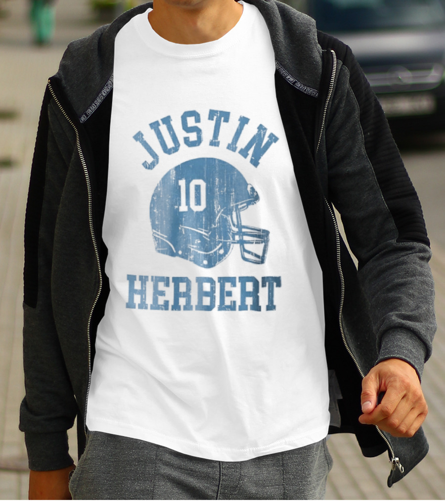 Justin Herbert Distressed Light Blue Football Helmet Number 10 T-Shirt