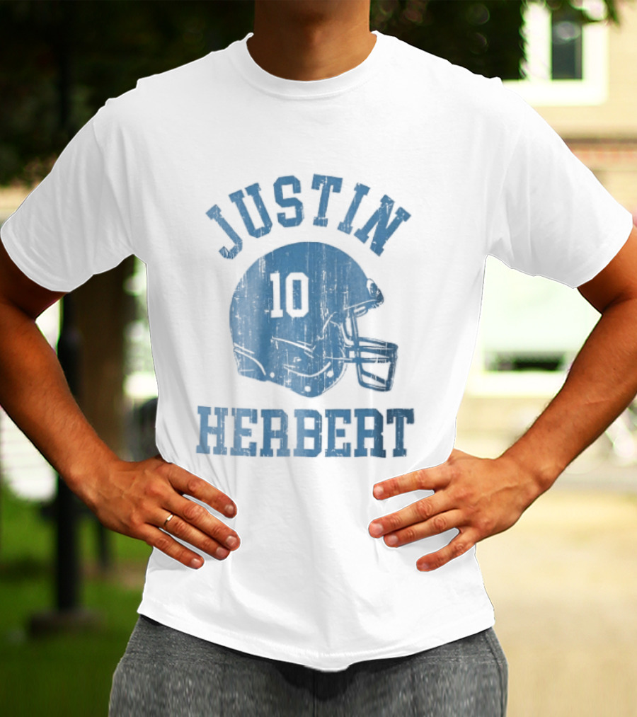 Justin Herbert Distressed Light Blue Football Helmet Number 10 T-Shirt