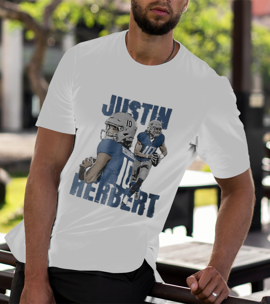 Justin Herbert Quarterback Action Photo Collage Blue Distressed T-Shirt