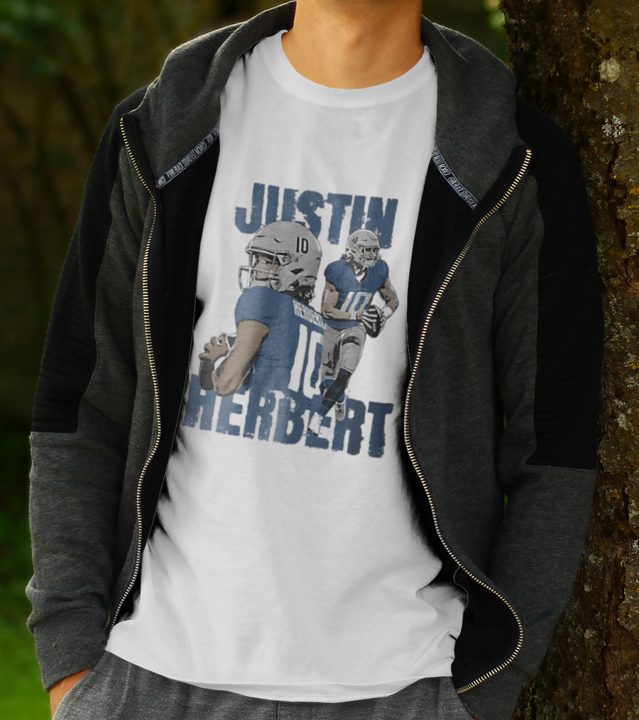 Justin Herbert Quarterback Action Photo Collage Blue Distressed T-Shirt