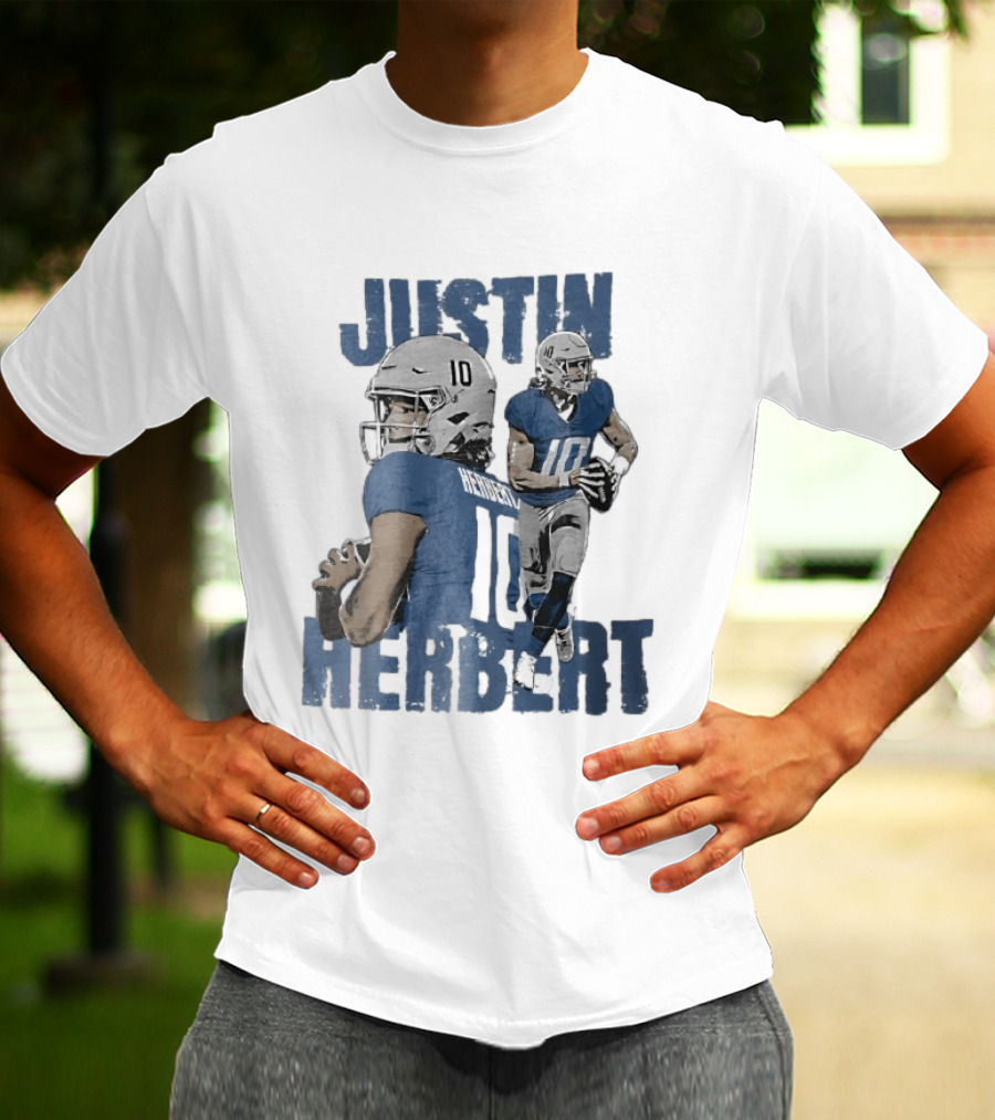 Justin Herbert Quarterback Action Photo Collage Blue Distressed T-Shirt