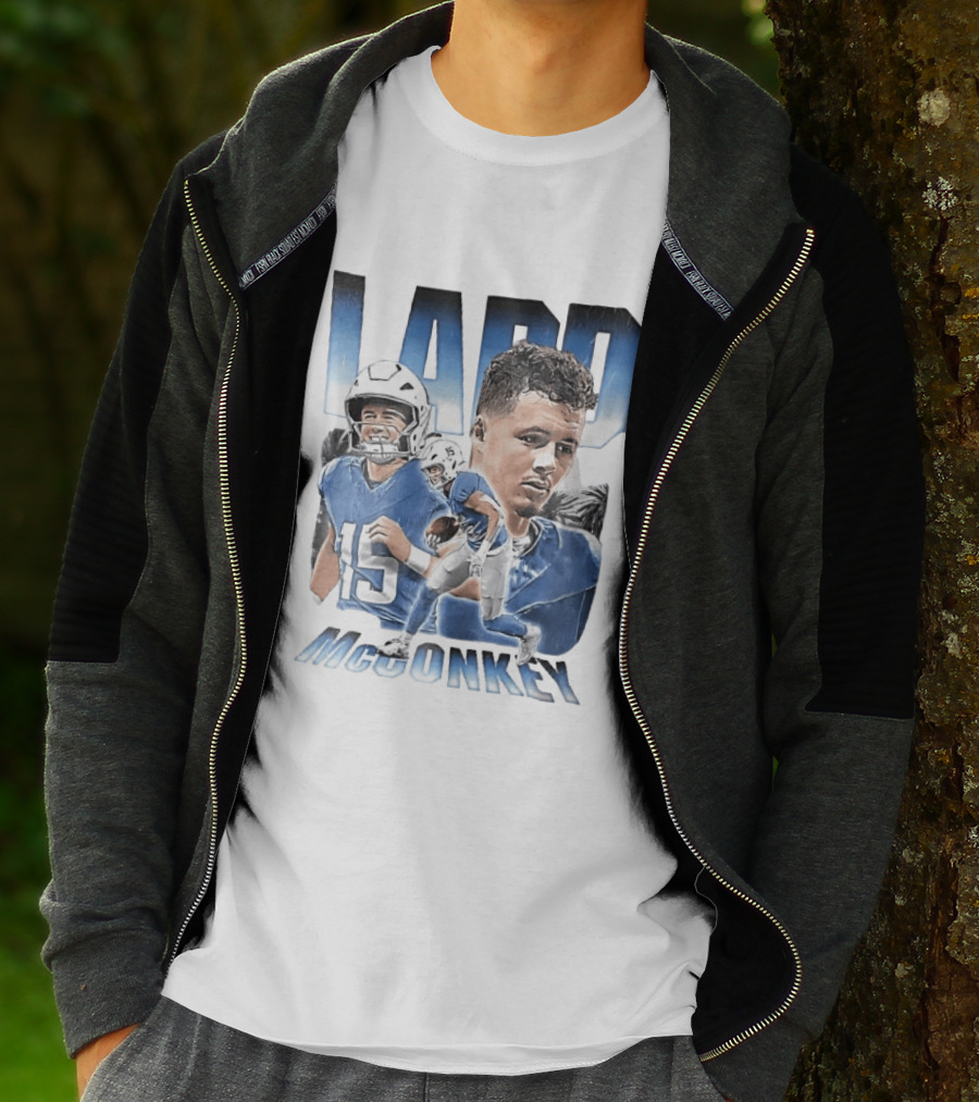 Ladd McConkey Number 15 Football Player Blue Jersey Collage T-Shirt