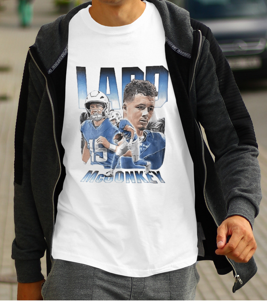 Ladd McConkey Number 15 Football Player Blue Jersey Collage T-Shirt