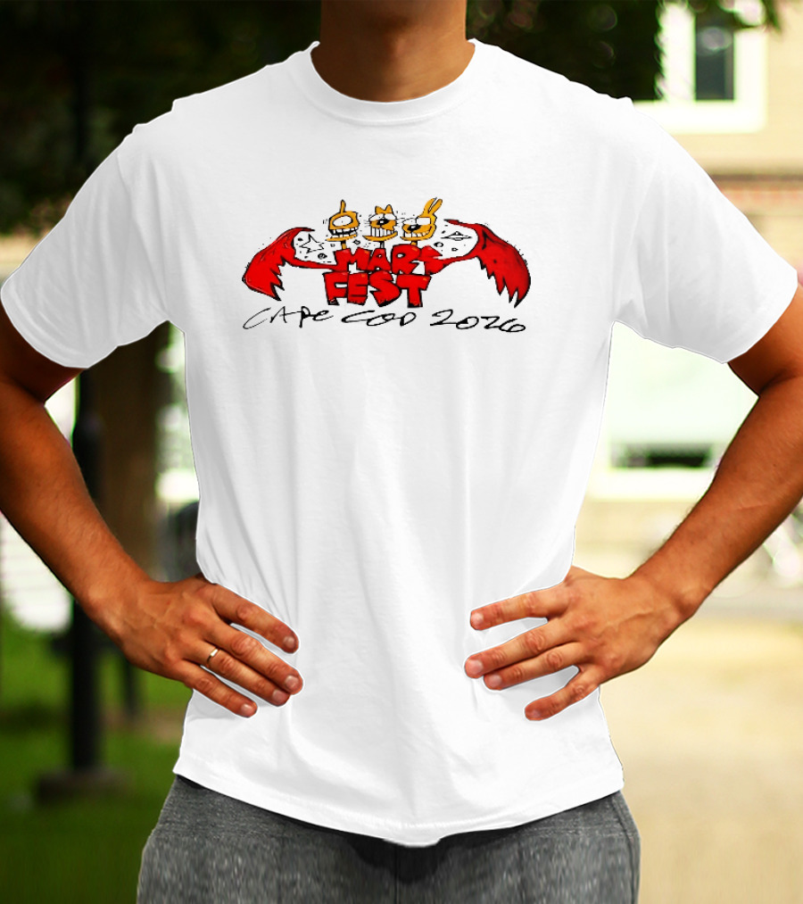 Mars Fest Cape Cod 2026 Cartoon Alien Creature Heads Red Wings Ufo Space T-Shirt