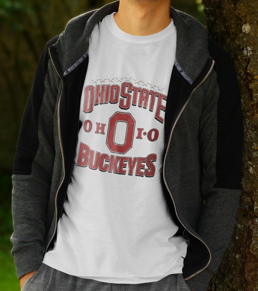 Ohio State Buckeyes NCAA Ohio Block Letter Red Football Laces Arch T-Shirt