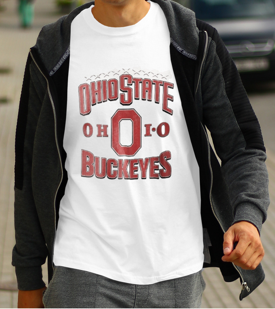 Ohio State Buckeyes NCAA Ohio Block Letter Red Football Laces Arch T-Shirt