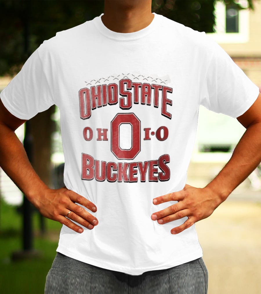 Ohio State Buckeyes NCAA Ohio Block Letter Red Football Laces Arch T-Shirt