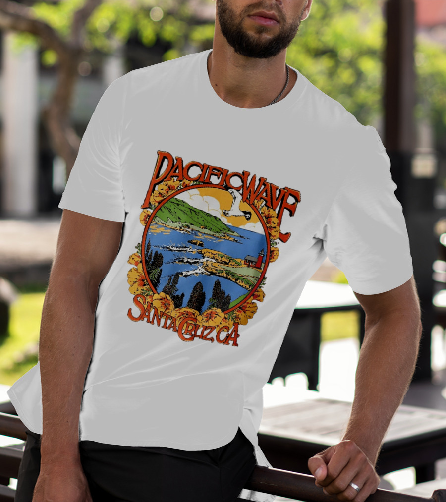 Pacific Wave Santa Cruz CA Coastal Lighthouse Ocean Seagull Flowers Scenic T-Shirt