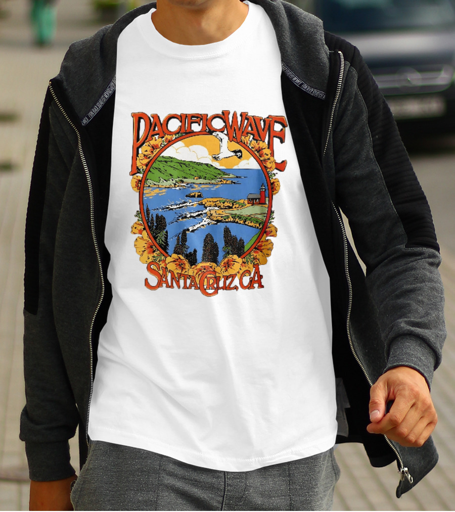 Pacific Wave Santa Cruz CA Coastal Lighthouse Ocean Seagull Flowers Scenic T-Shirt