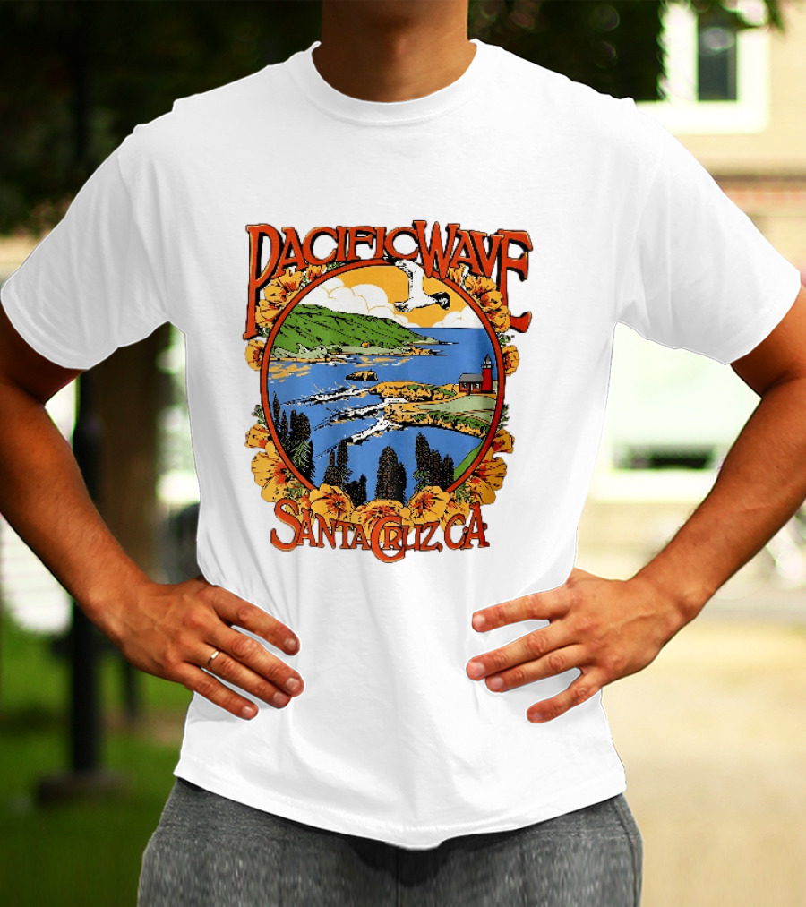 Pacific Wave Santa Cruz CA Coastal Lighthouse Ocean Seagull Flowers Scenic T-Shirt