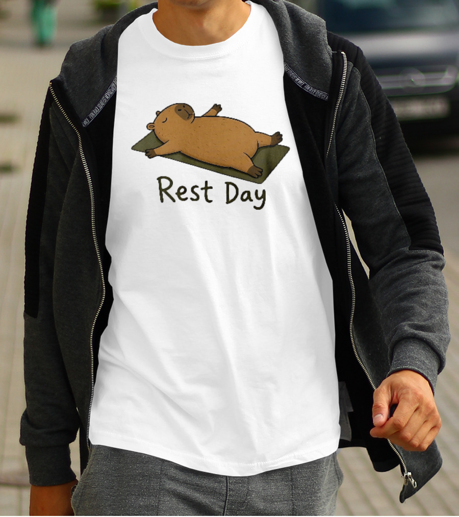 Rest Day Capybara Relaxing On Yoga Mat Cartoon T-Shirt