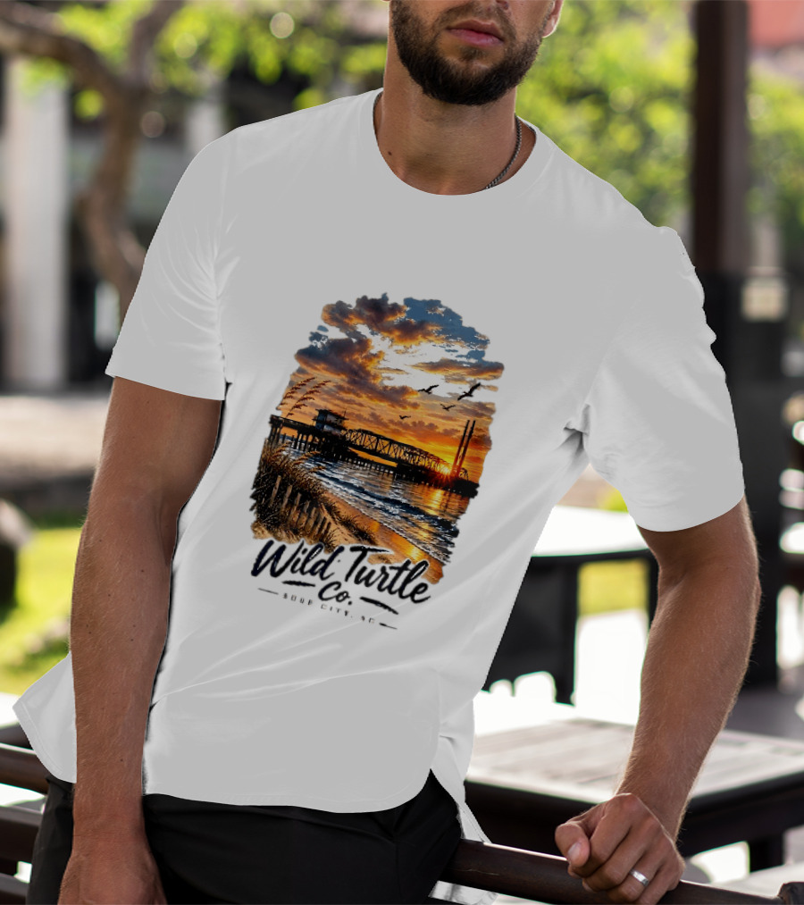 Wild Turtle Co Surf City NC Beach Dunes Pier Sunset Flying Birds T-Shirt