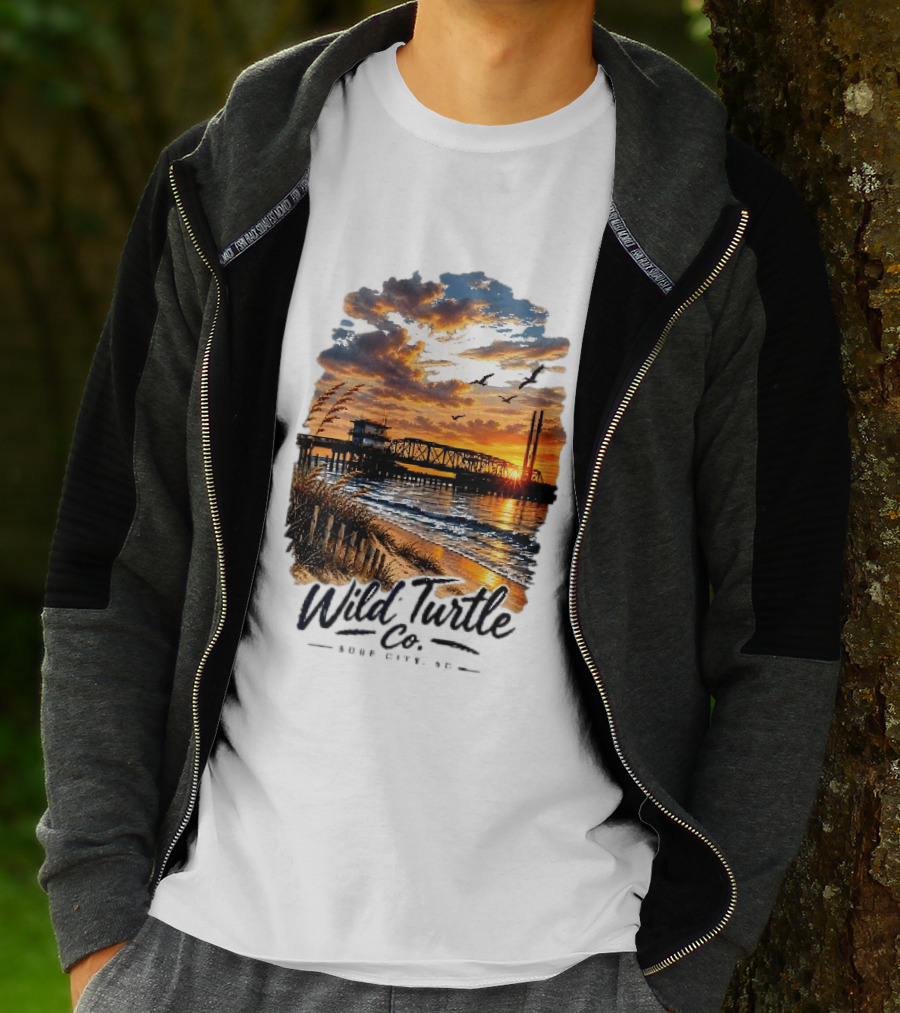 Wild Turtle Co Surf City NC Beach Dunes Pier Sunset Flying Birds T-Shirt