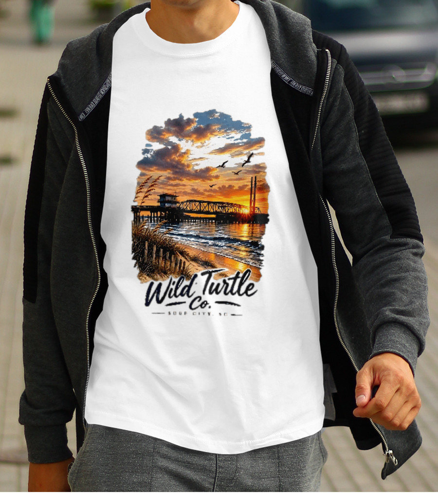 Wild Turtle Co Surf City NC Beach Dunes Pier Sunset Flying Birds T-Shirt