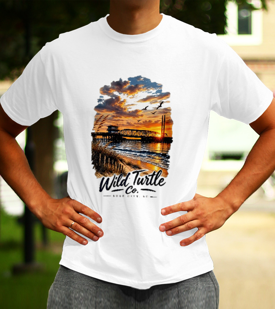 Wild Turtle Co Surf City NC Beach Dunes Pier Sunset Flying Birds T-Shirt