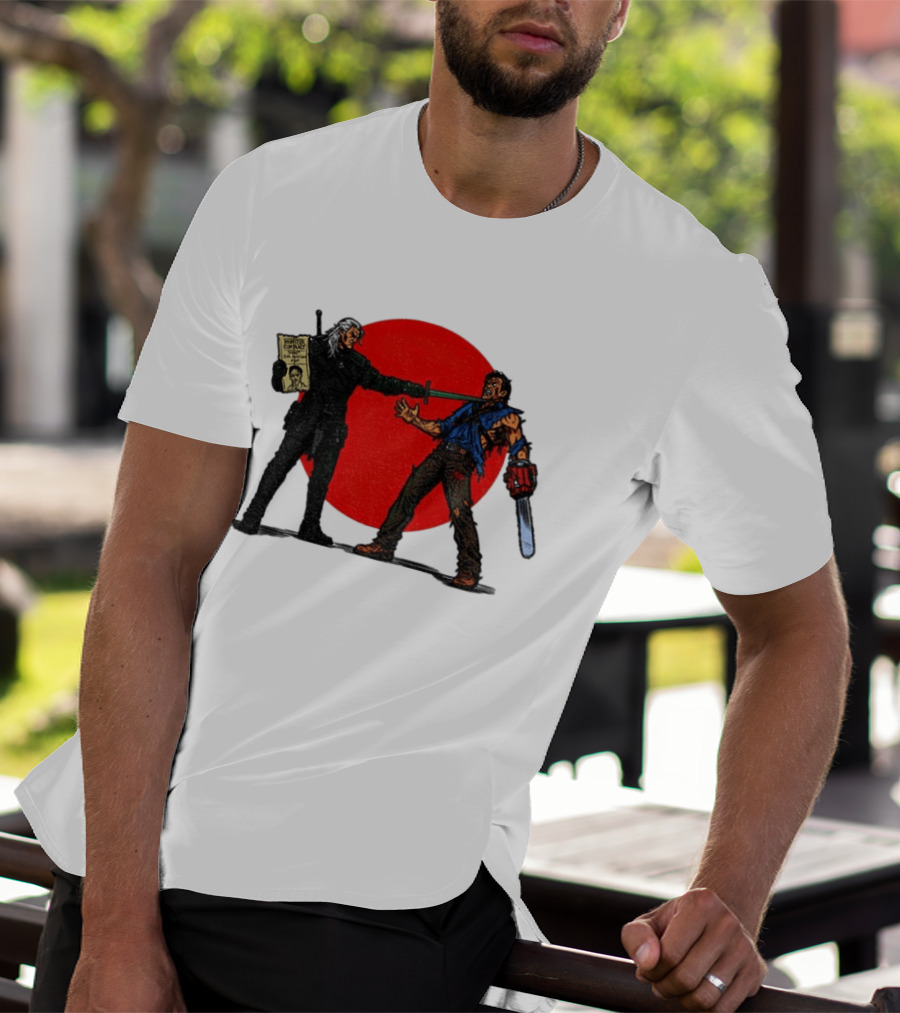 Geralt Vs Ash Evil Dead Or Alive Red Circle Showdown T-Shirt