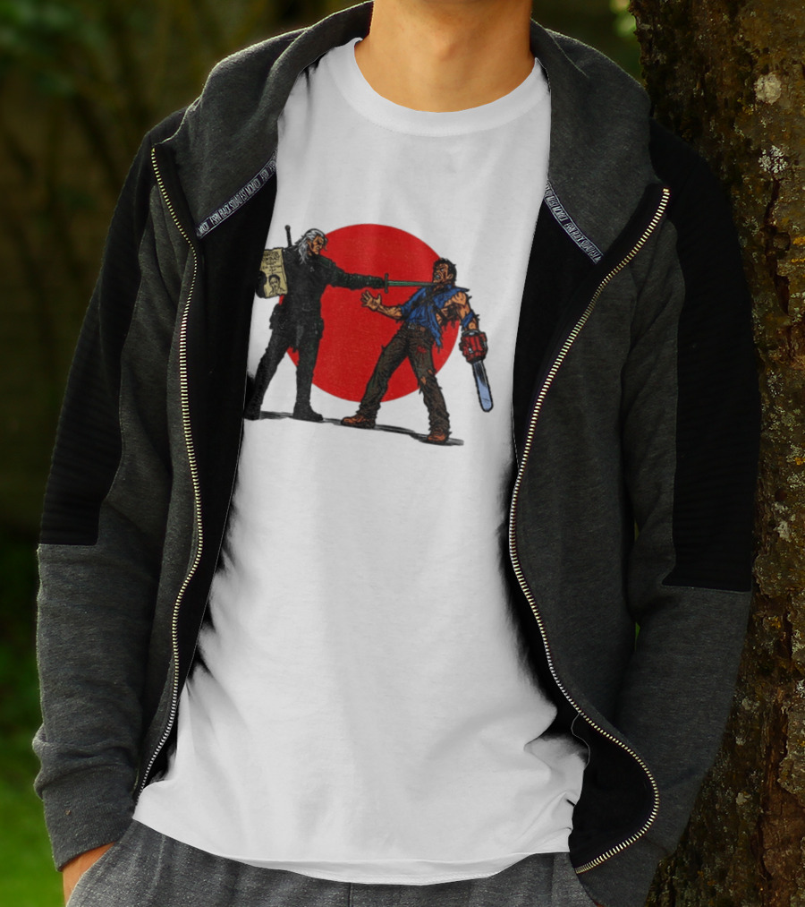 Geralt Vs Ash Evil Dead Or Alive Red Circle Showdown T-Shirt