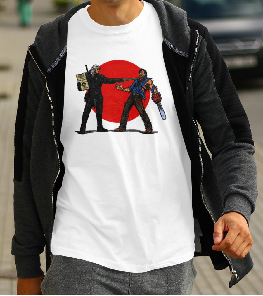 Geralt Vs Ash Evil Dead Or Alive Red Circle Showdown T-Shirt