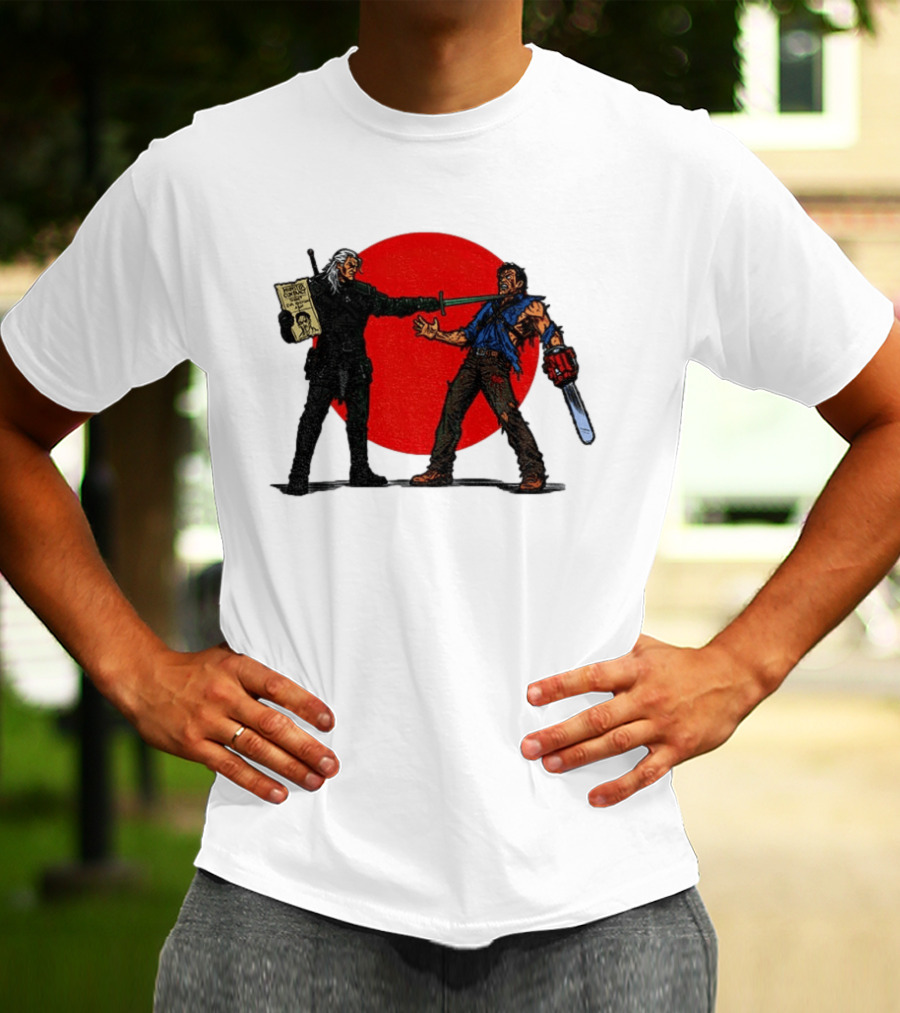 Geralt Vs Ash Evil Dead Or Alive Red Circle Showdown T-Shirt