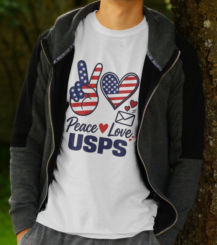 Peace Love USPS American Flag Heart And Mail T-Shirt