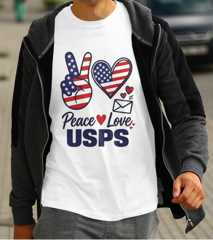 Peace Love USPS American Flag Heart And Mail T-Shirt