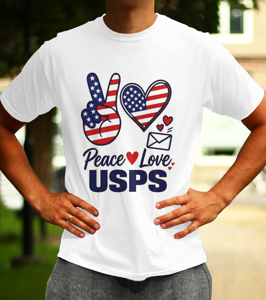 Peace Love USPS American Flag Heart And Mail T-Shirt