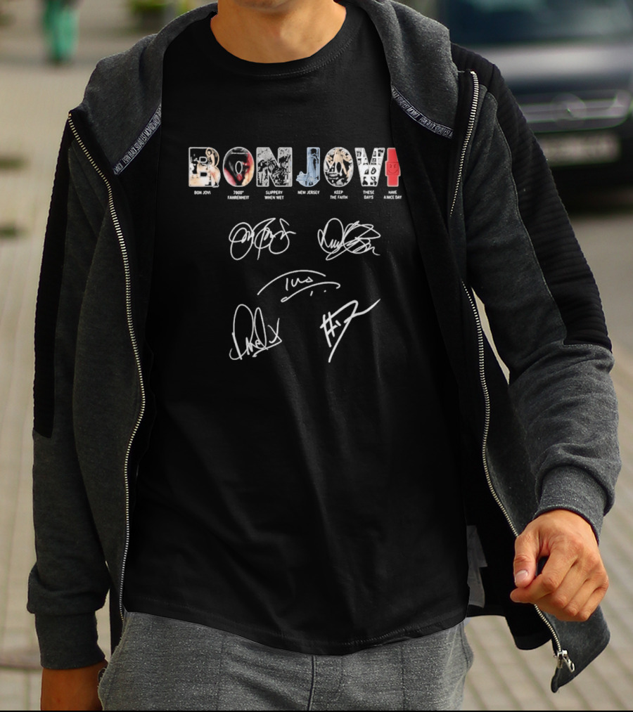 Bon Jovi Albums Cast Signatures Rock Band New Jersey Greatest Hits T-Shirt
