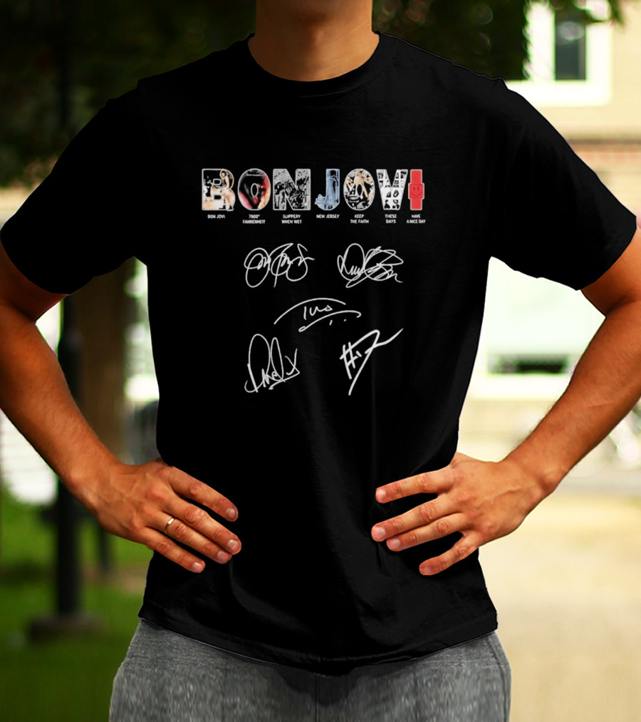 Bon Jovi Albums Cast Signatures Rock Band New Jersey Greatest Hits T-Shirt