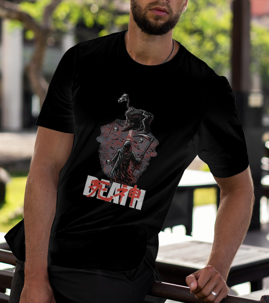 Grim Reaper Death Rider Japanese Kanji Skulls Scythe T-Shirt