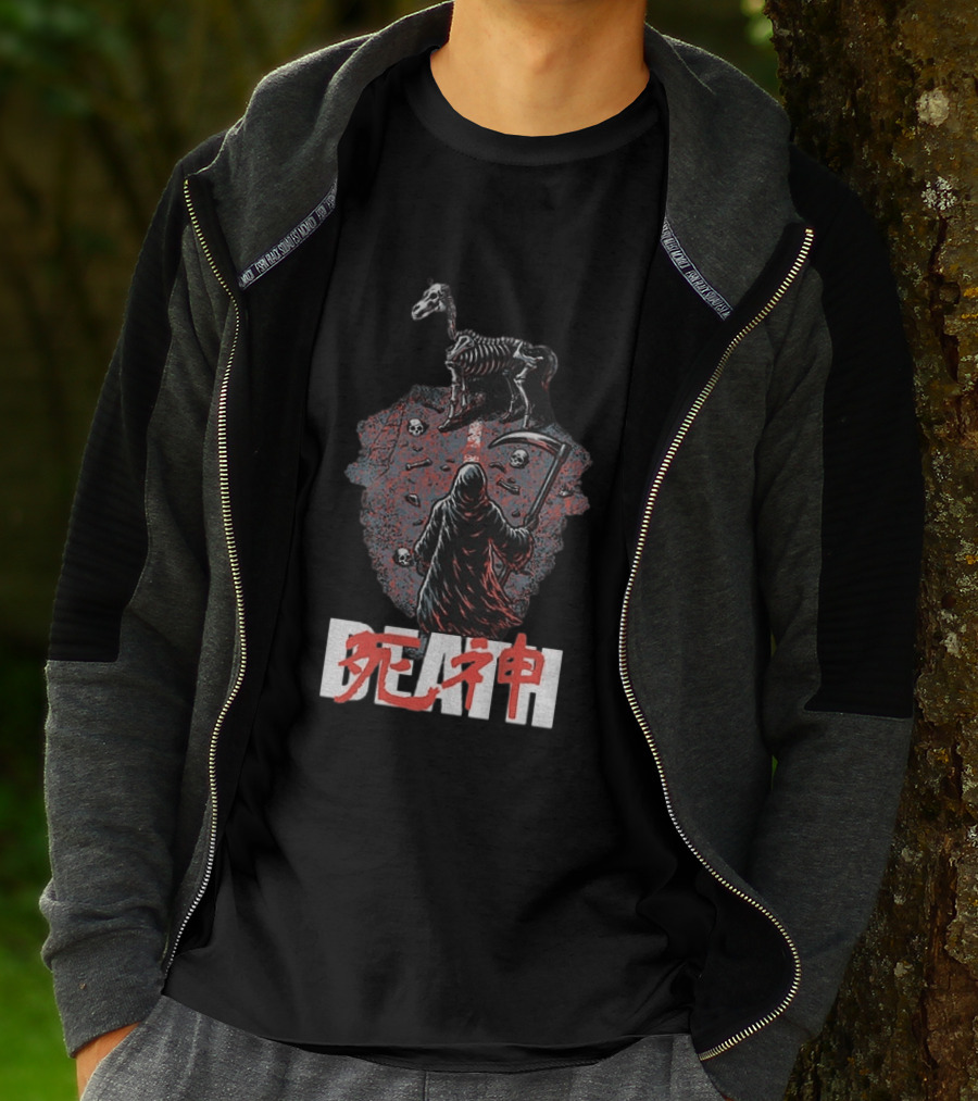 Grim Reaper Death Rider Japanese Kanji Skulls Scythe T-Shirt