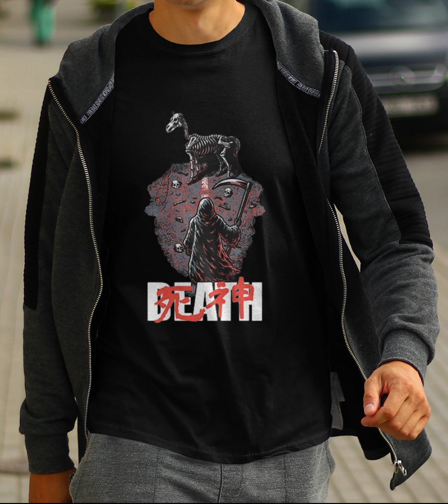 Grim Reaper Death Rider Japanese Kanji Skulls Scythe T-Shirt