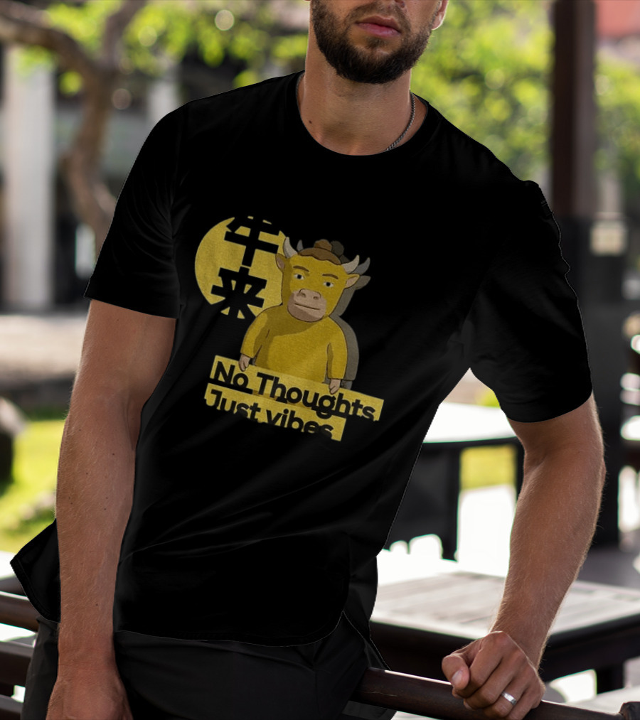 Niu Lai No Thoughts Just Vibes Yellow Cow Humor T-Shirt