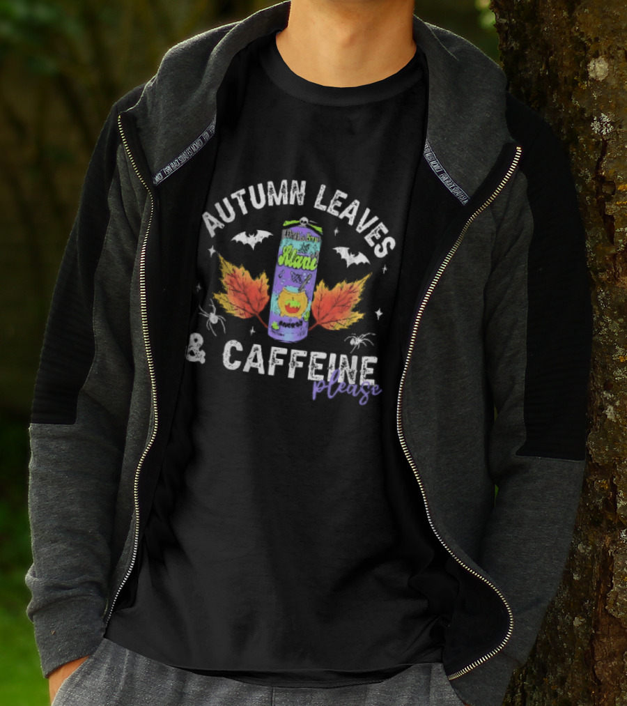 Autumn Leaves Caffeine Please Witchs Brew Energy Drink Can Bats Spiders Orange T-Shirt