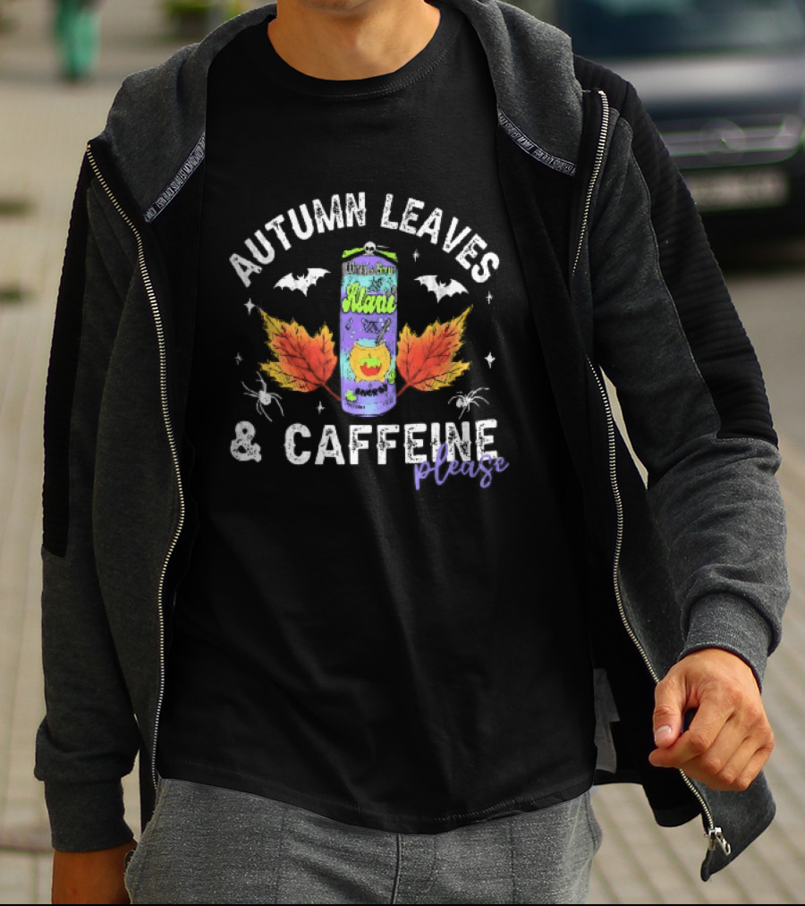 Autumn Leaves Caffeine Please Witchs Brew Energy Drink Can Bats Spiders Orange T-Shirt
