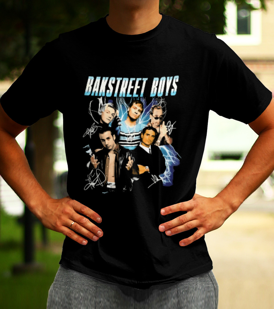 Bakstreet Boys Band Collage Lightning Autographs Bootleg T-Shirt