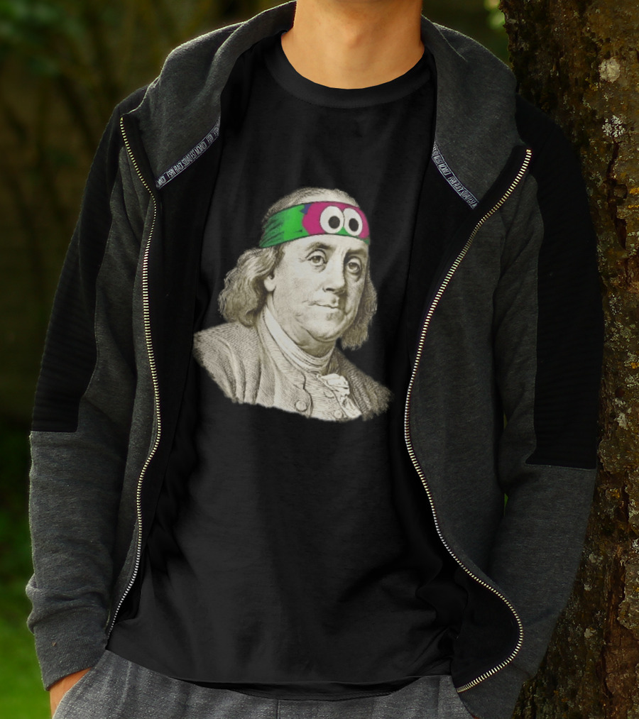Benjamin Franklin Cartoon With Colorful Ninja Headband And Googly Eyes T-Shirt