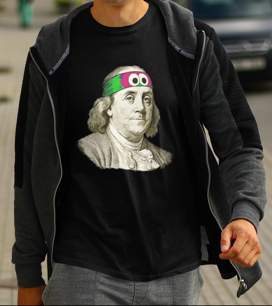Benjamin Franklin Cartoon With Colorful Ninja Headband And Googly Eyes T-Shirt