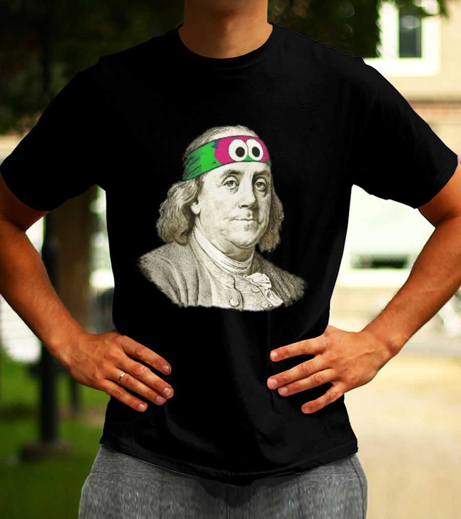 Benjamin Franklin Cartoon With Colorful Ninja Headband And Googly Eyes T-Shirt