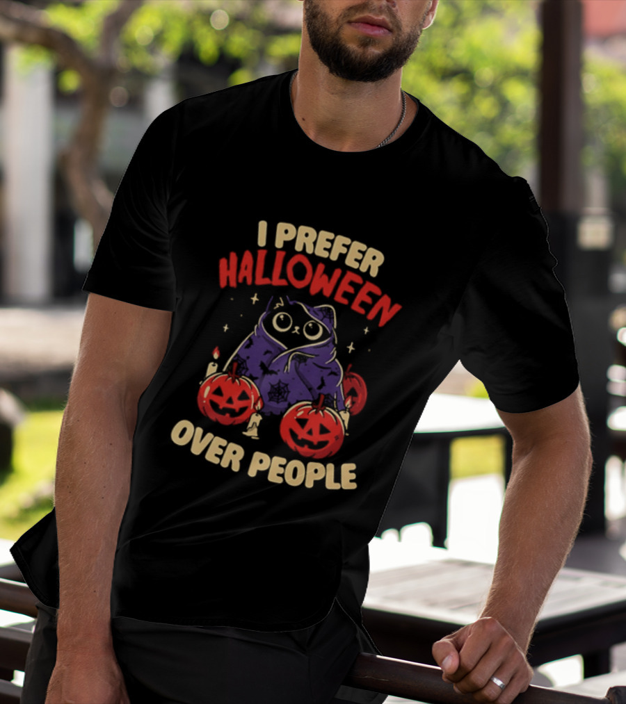 I Prefer Halloween Over People Black Cat Pumpkin Candles T-Shirt