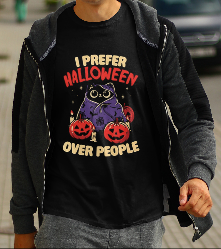 I Prefer Halloween Over People Black Cat Pumpkin Candles T-Shirt