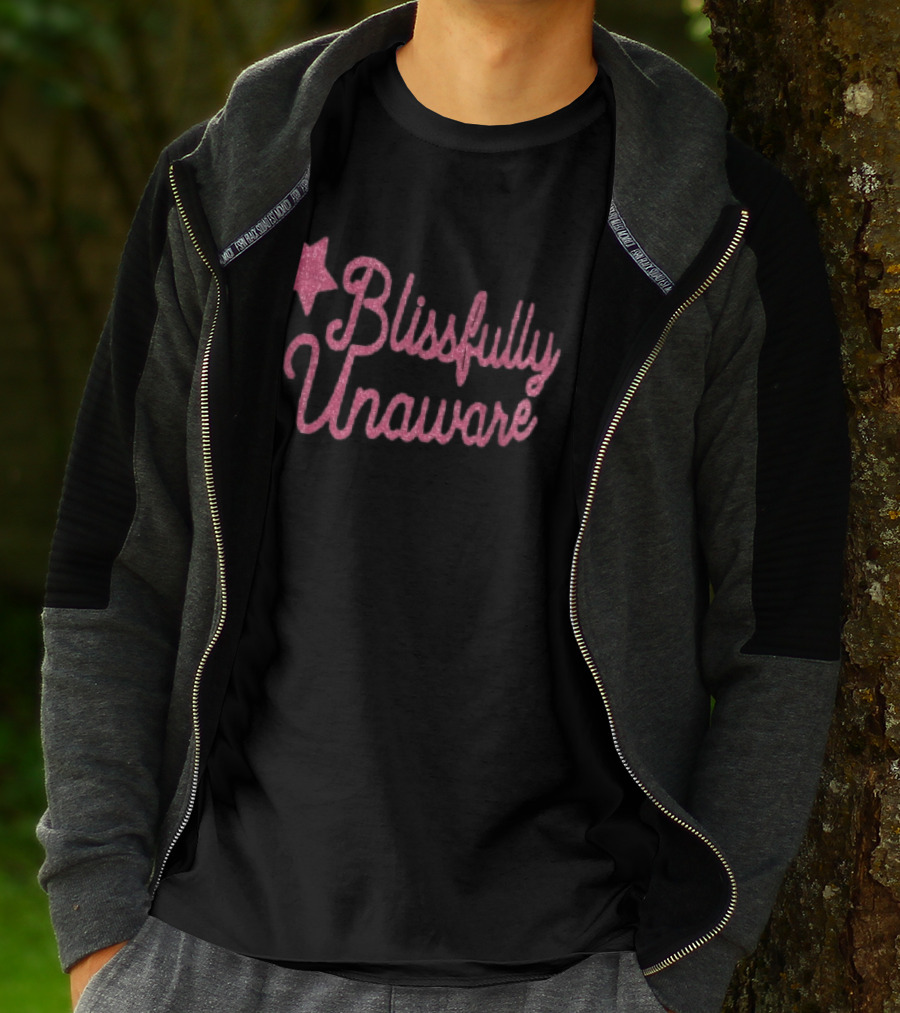Blissfully Unaware Pink Glitter Cursive With Sparkle Star T-Shirt
