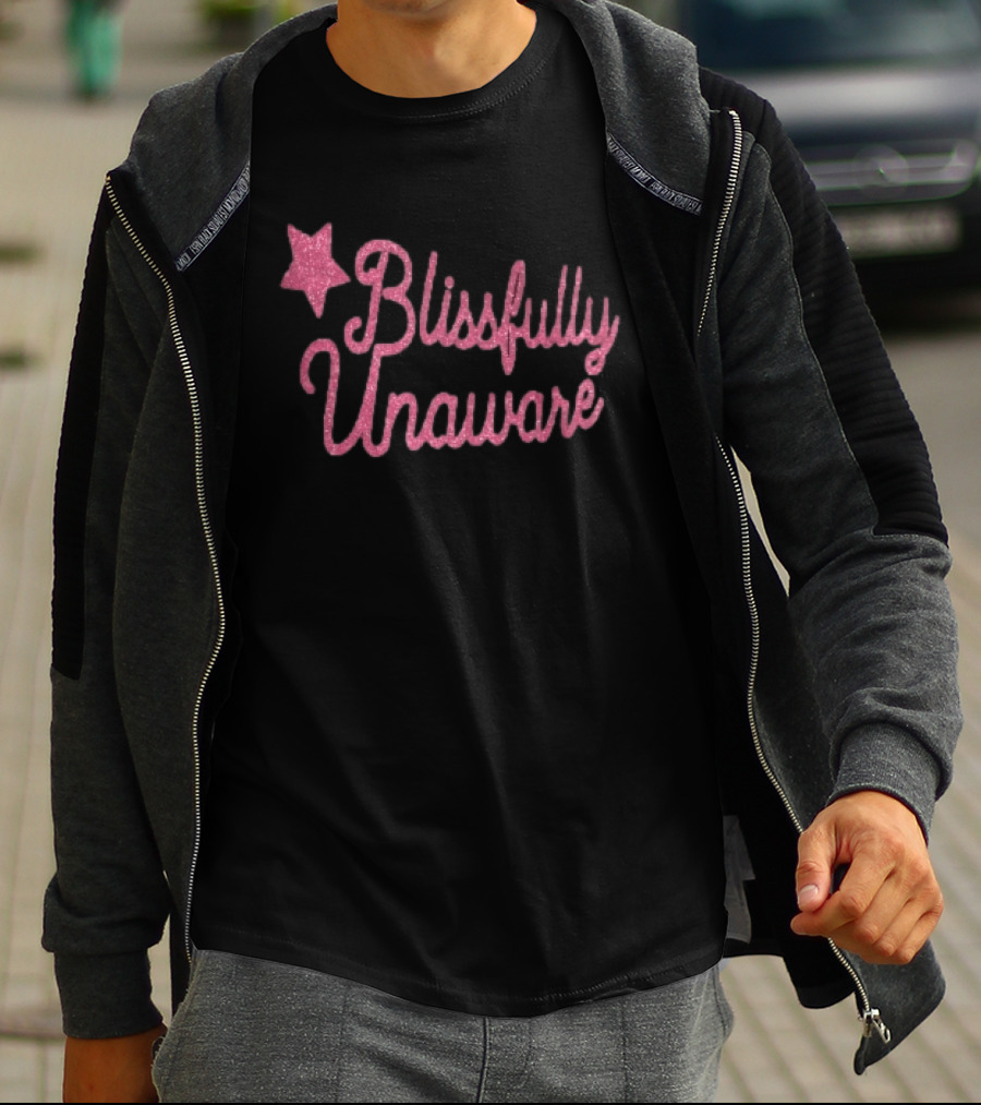 Blissfully Unaware Pink Glitter Cursive With Sparkle Star T-Shirt