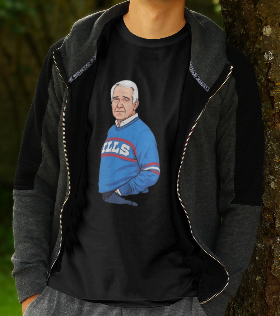 Buffalo Bills Coach Marv Levy Caricature In Blue Sweater With Team Name T-Shirt