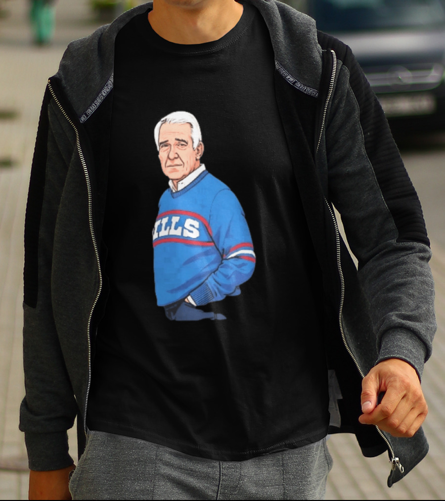 Buffalo Bills Coach Marv Levy Caricature In Blue Sweater With Team Name T-Shirt