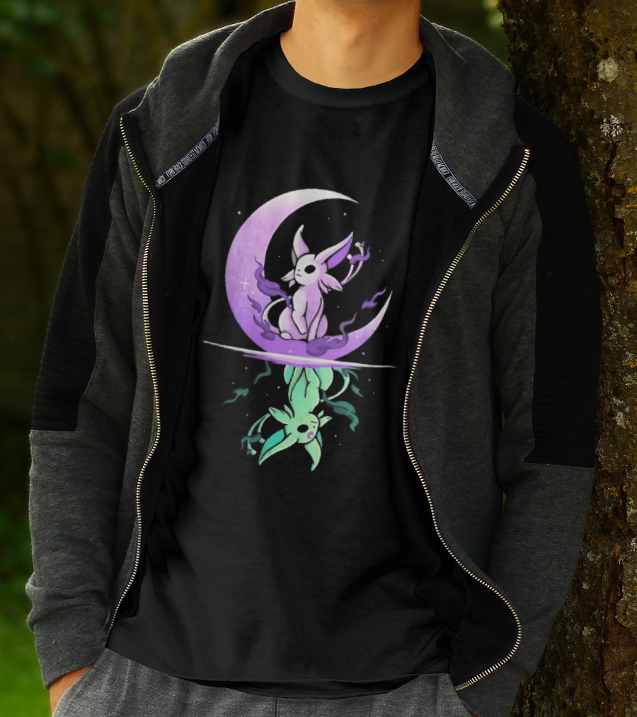 Cartoon Purple Espeon On Crescent Moon With Green Reflection T-Shirt