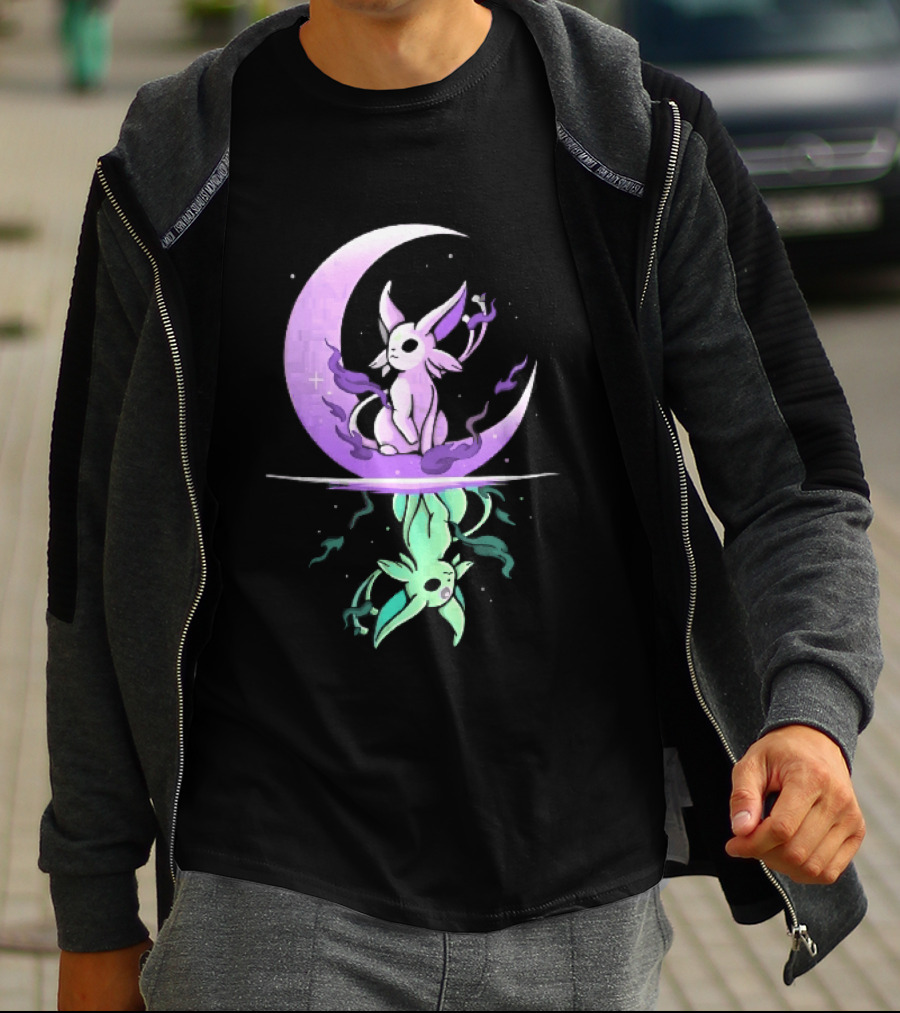 Cartoon Purple Espeon On Crescent Moon With Green Reflection T-Shirt