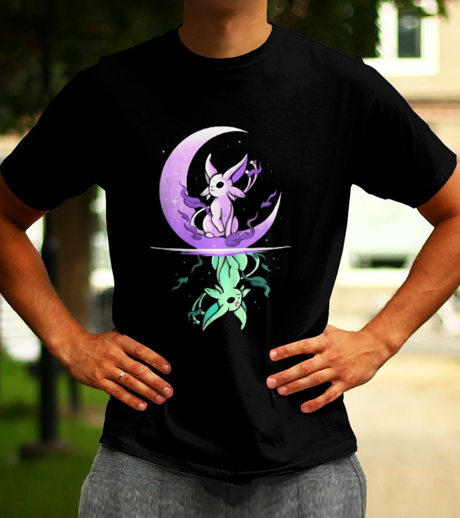 Cartoon Purple Espeon On Crescent Moon With Green Reflection T-Shirt