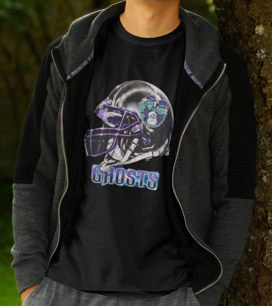 Ghosts Chrome Football Helmet Purple Facemask Haunted Mansion T-Shirt