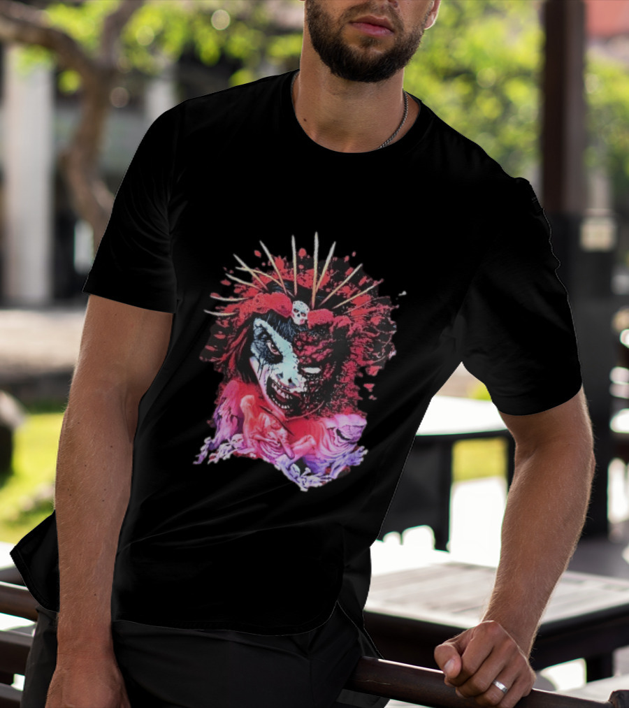 Demonic Japanese Geisha Skull Crown With Red Paint Splatter And Floral T-Shirt