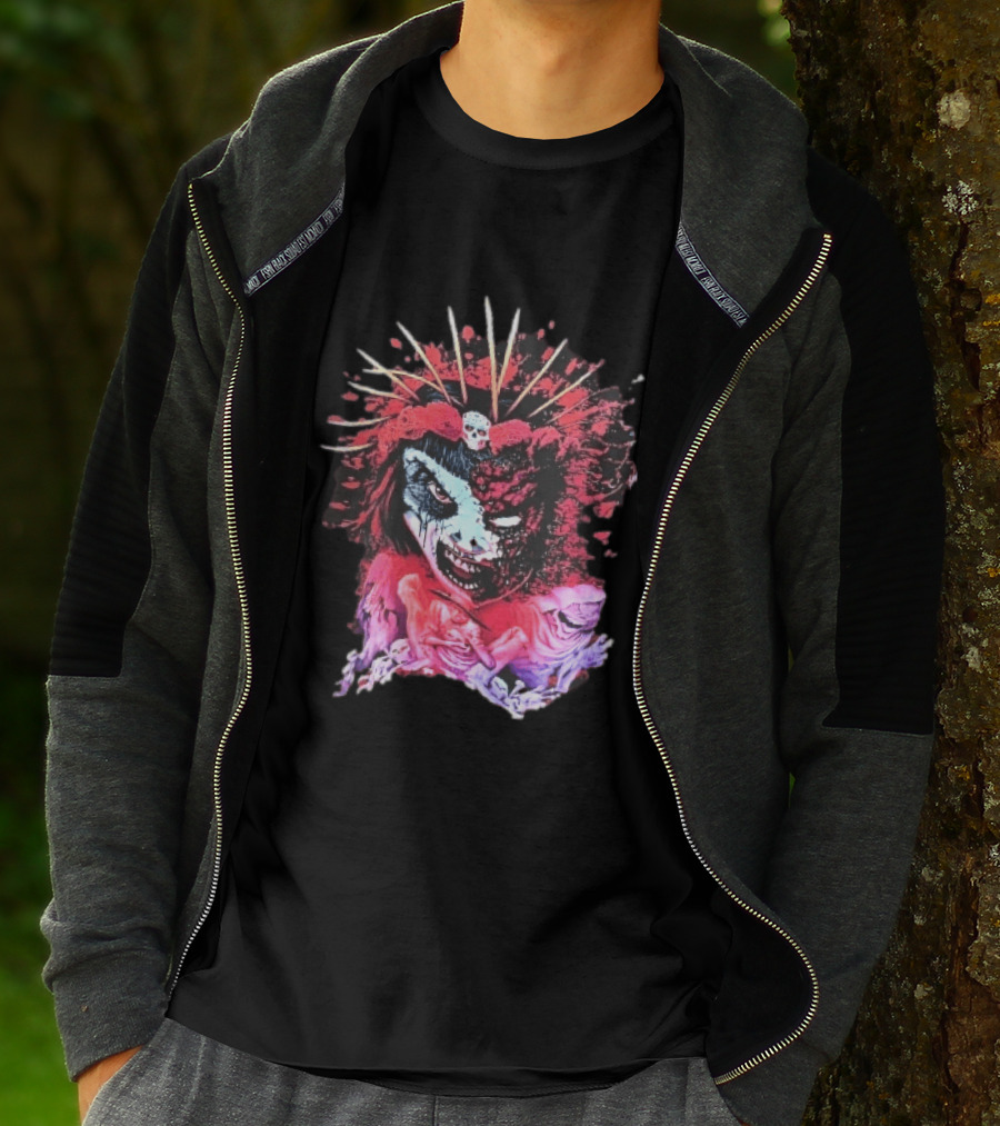 Demonic Japanese Geisha Skull Crown With Red Paint Splatter And Floral T-Shirt